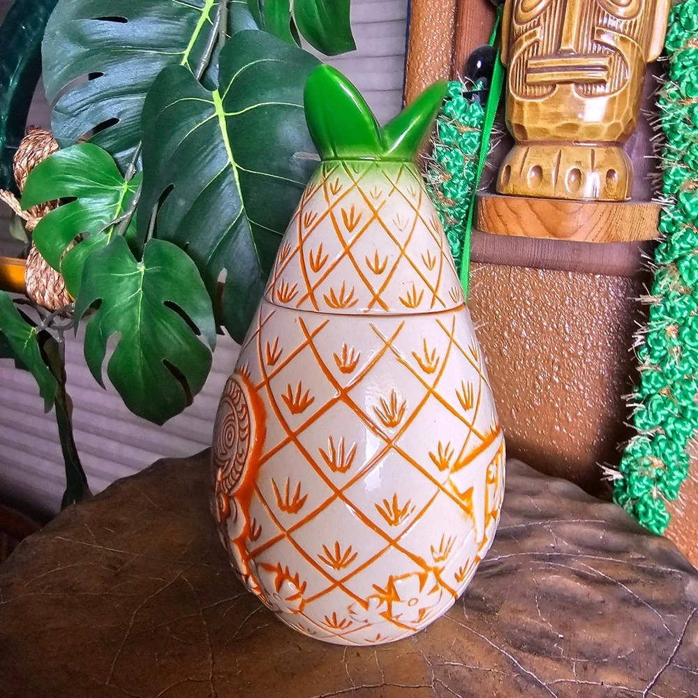 2015 Tiki Farm Poko Ono Lidded Pineapple Tiki Mug 16oz Ken Ruzic Orange Glaze
